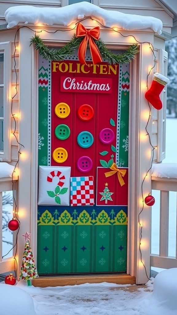 A door decorated with an ugly sweater theme for Christmas, featuring bright colors and ornaments.